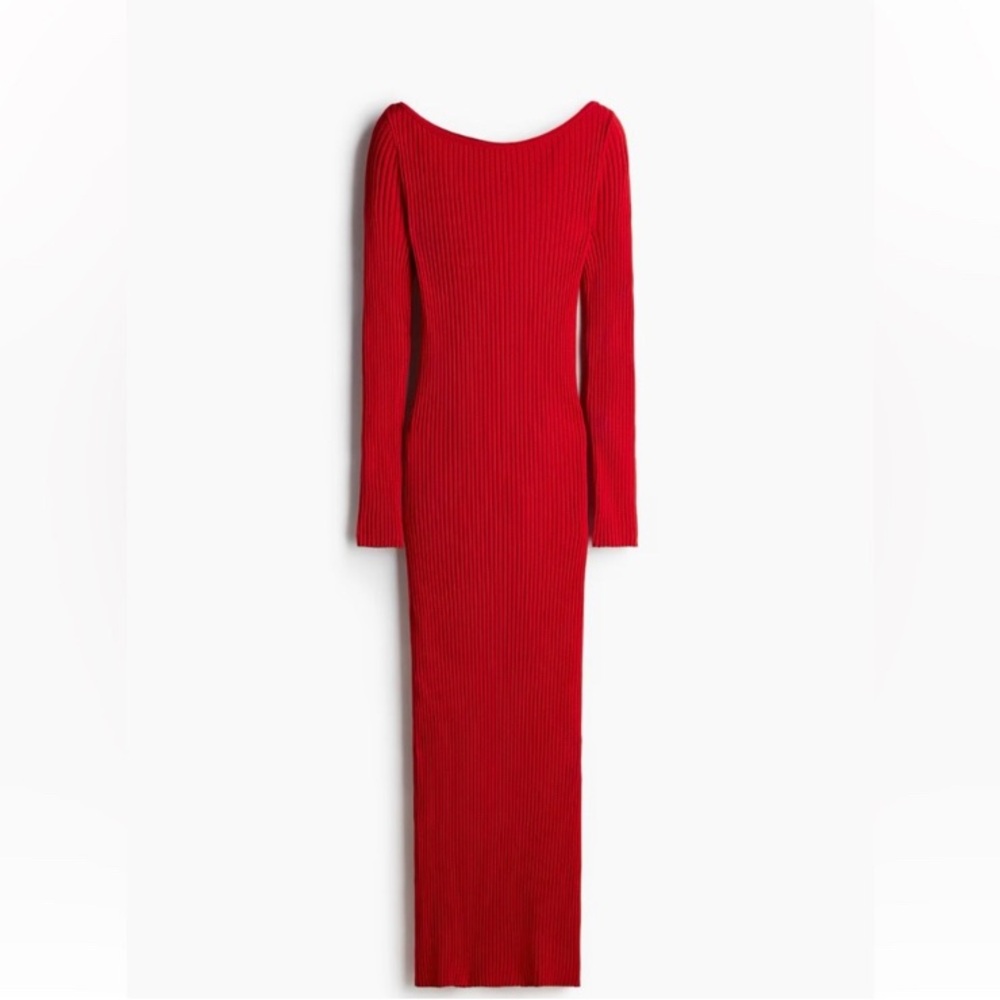 H&M Red Ribbed Long Sleeve Bodycon Midi Dress - Picture 2 of 10